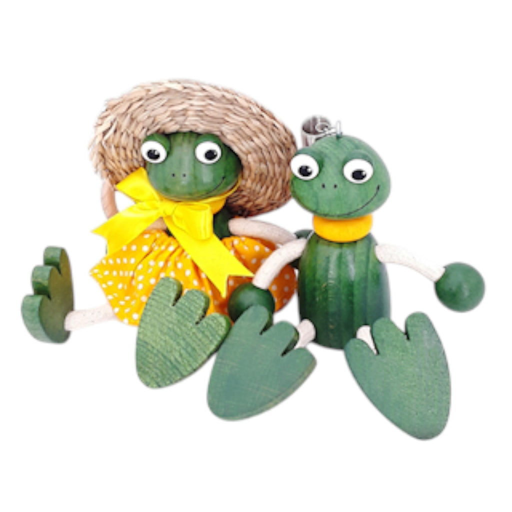 Handcrafted Frog Girl Wooden Bouncy Puppet with Straw Hat 🐸💛