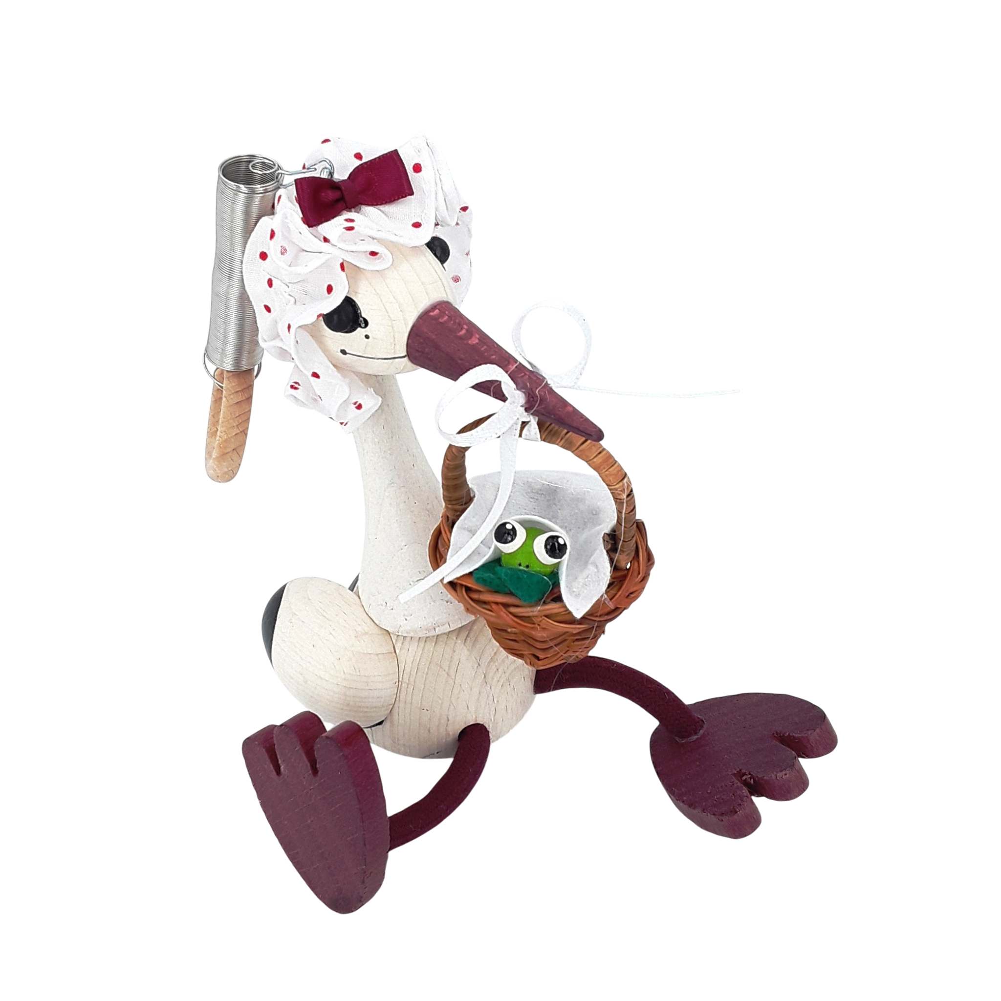 Handcrafted Stork with Baby Frog Wooden Bouncy Puppet