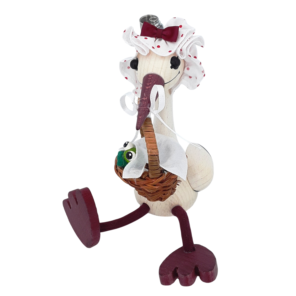 Handcrafted Stork with Baby Frog Wooden Bouncy Puppet