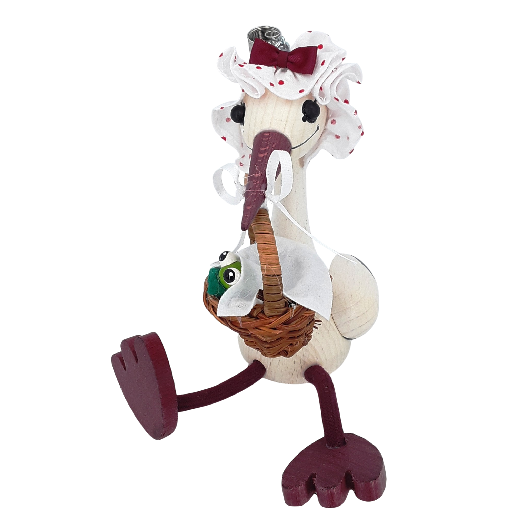 Handcrafted Stork with Baby Frog Wooden Bouncy Puppet