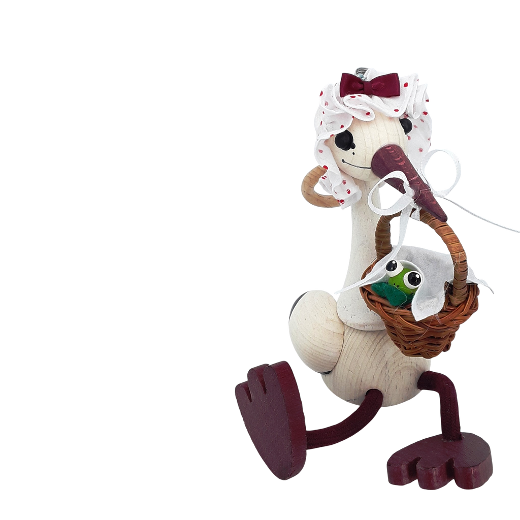 Handcrafted Stork with Baby Frog Wooden Bouncy Puppet
