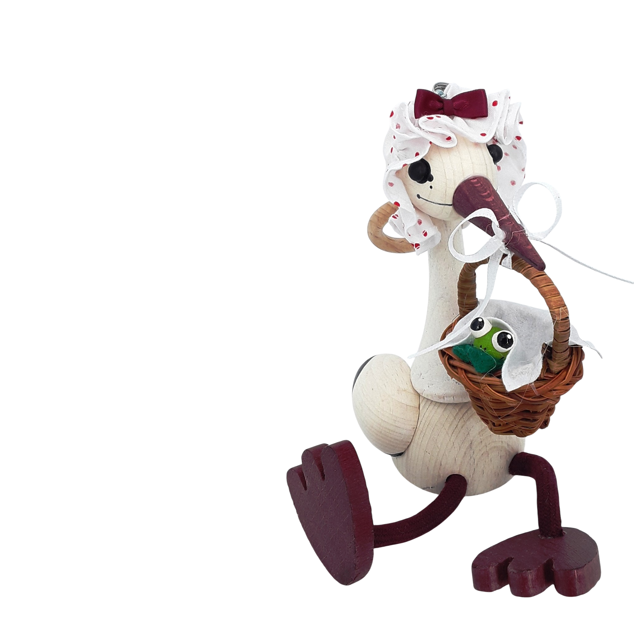 Handcrafted Stork with Baby Frog Wooden Bouncy Puppet