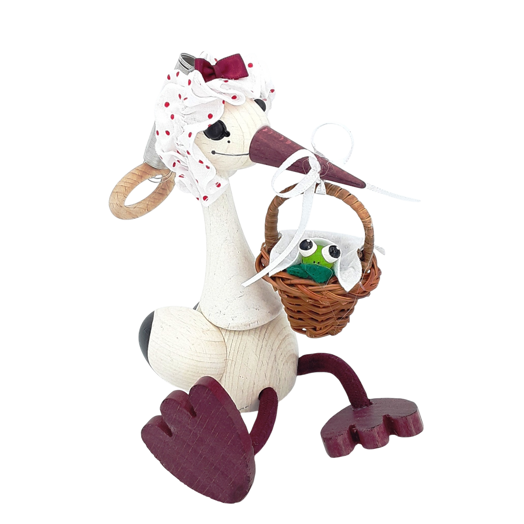 Handcrafted Stork with Baby Frog Wooden Bouncy Puppet