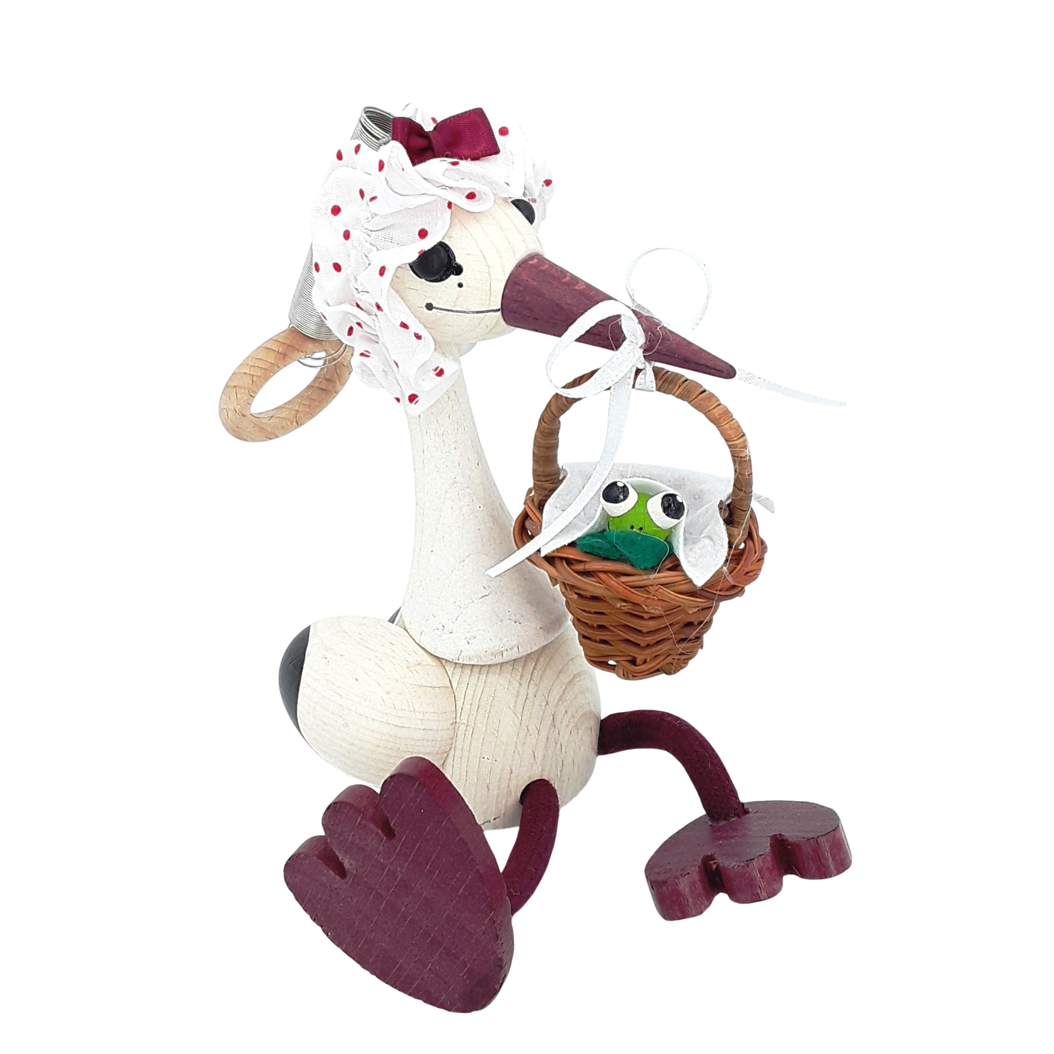 Handcrafted Stork with Baby Frog Wooden Bouncy Puppet