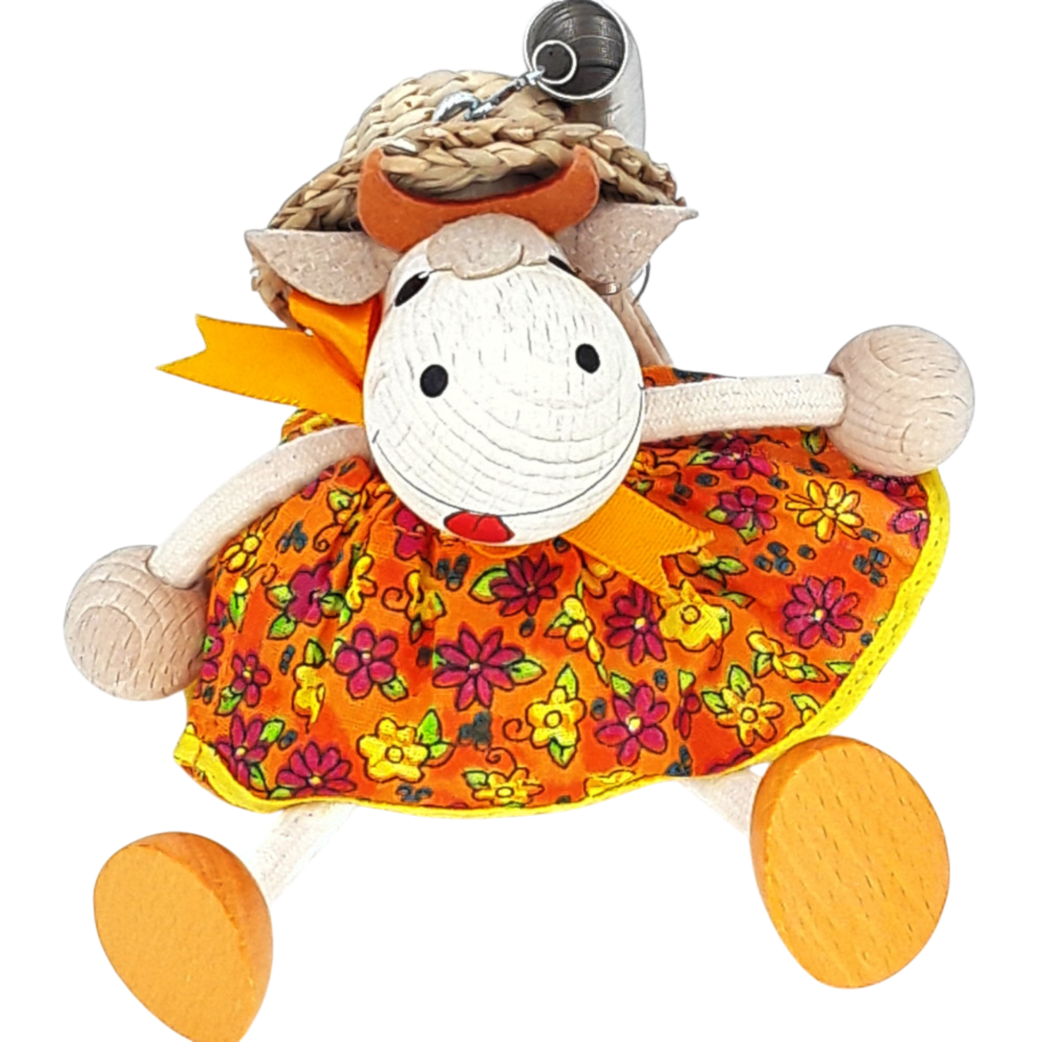 Handcrafted Cow Girl Wooden Bouncy Puppet with Straw Hat 🐄🌼