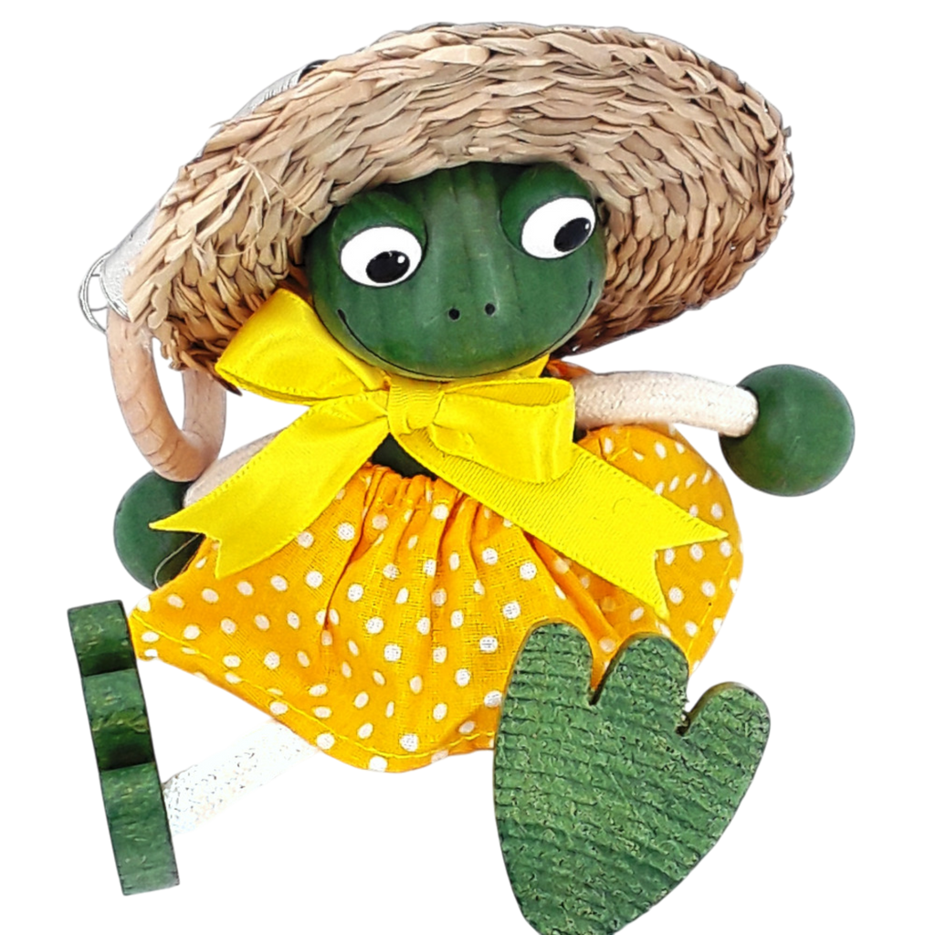 Handcrafted Frog Girl Wooden Bouncy Puppet with Straw Hat 🐸💛