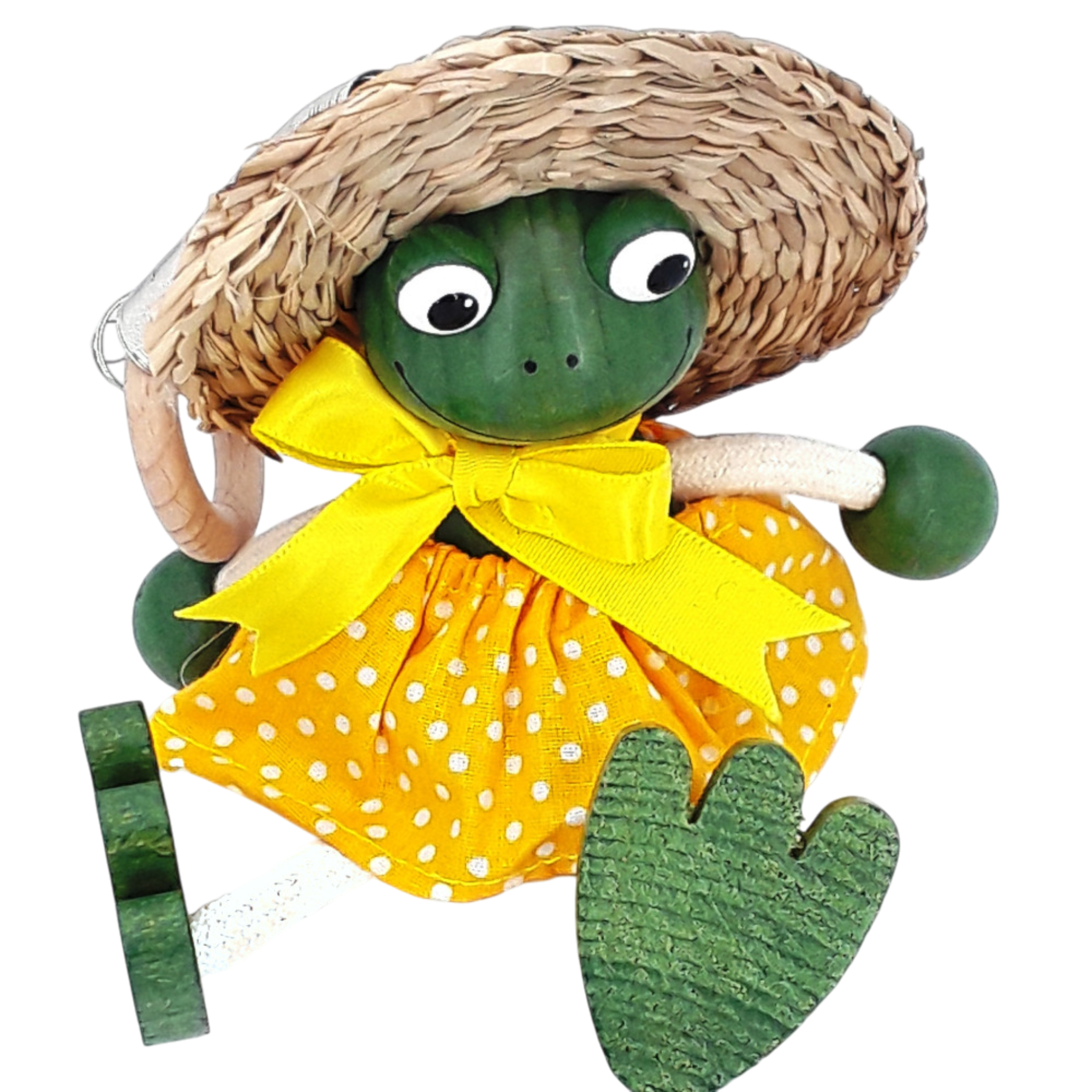 Handcrafted Frog Girl Wooden Bouncy Puppet with Straw Hat 🐸💛