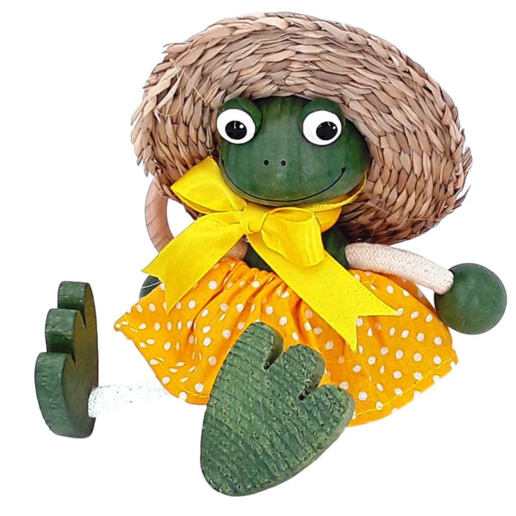 Handcrafted Frog Girl Wooden Bouncy Puppet with Straw Hat 🐸💛