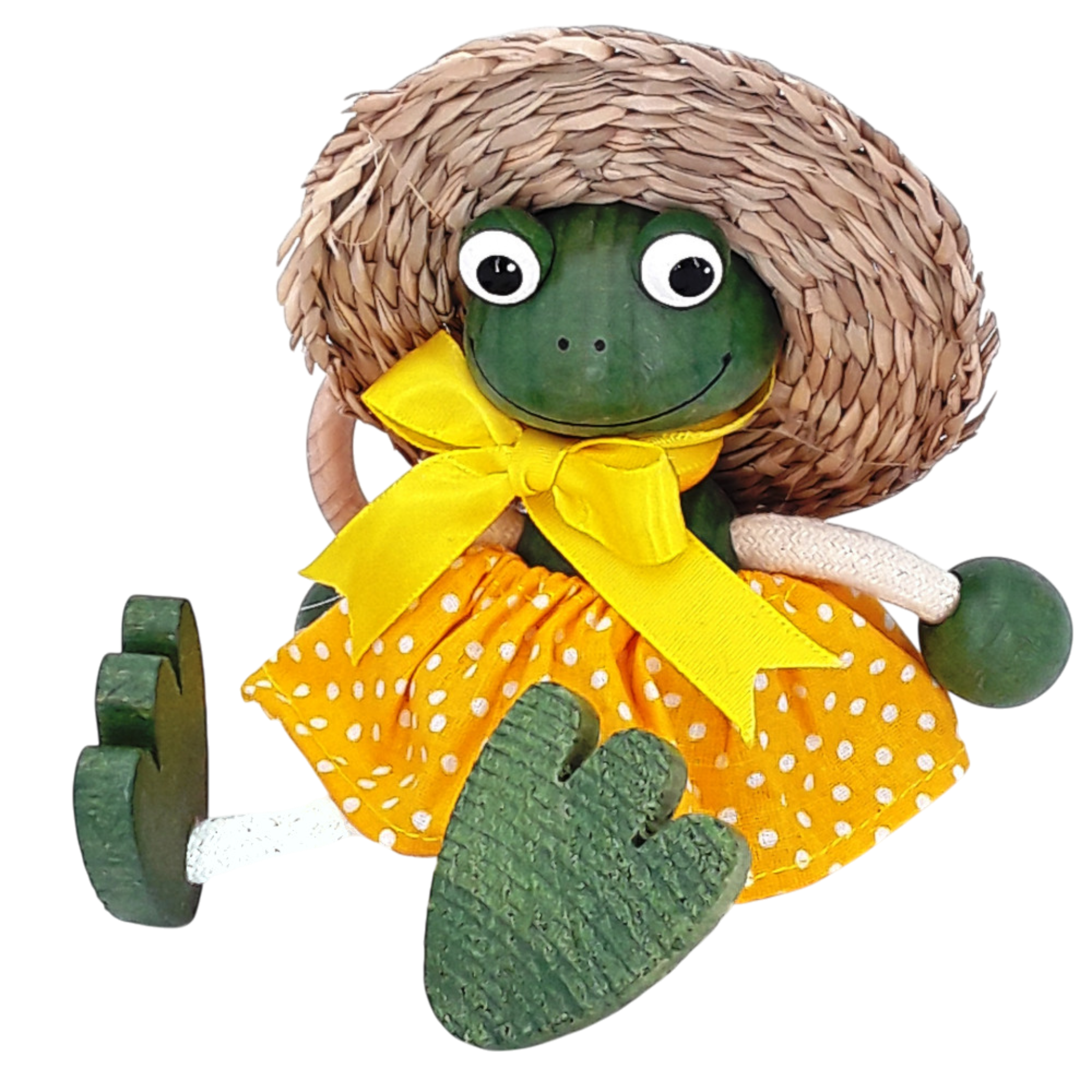 Handcrafted Frog Girl Wooden Bouncy Puppet with Straw Hat 🐸💛