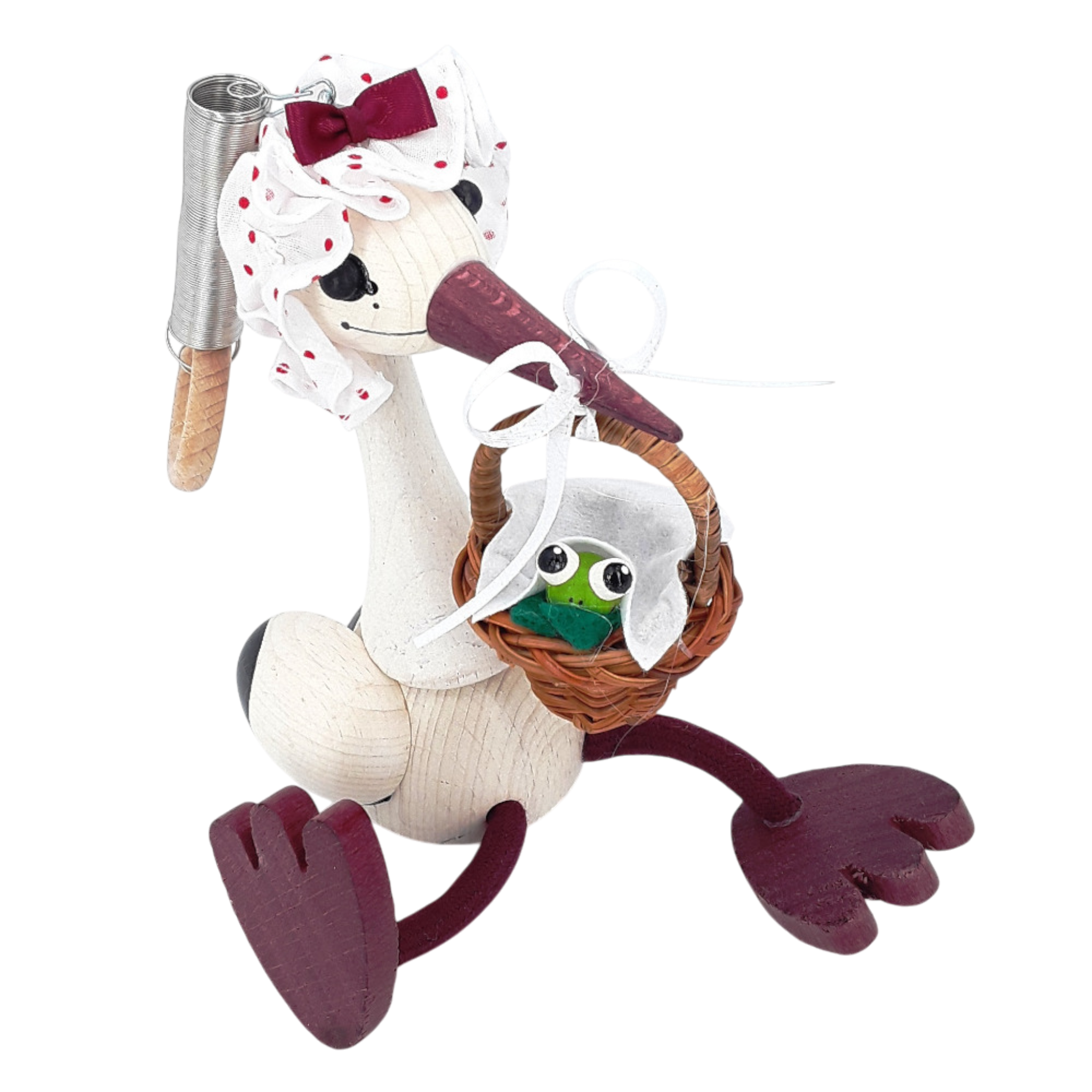 Handcrafted Stork with Baby Frog Wooden Bouncy Puppet