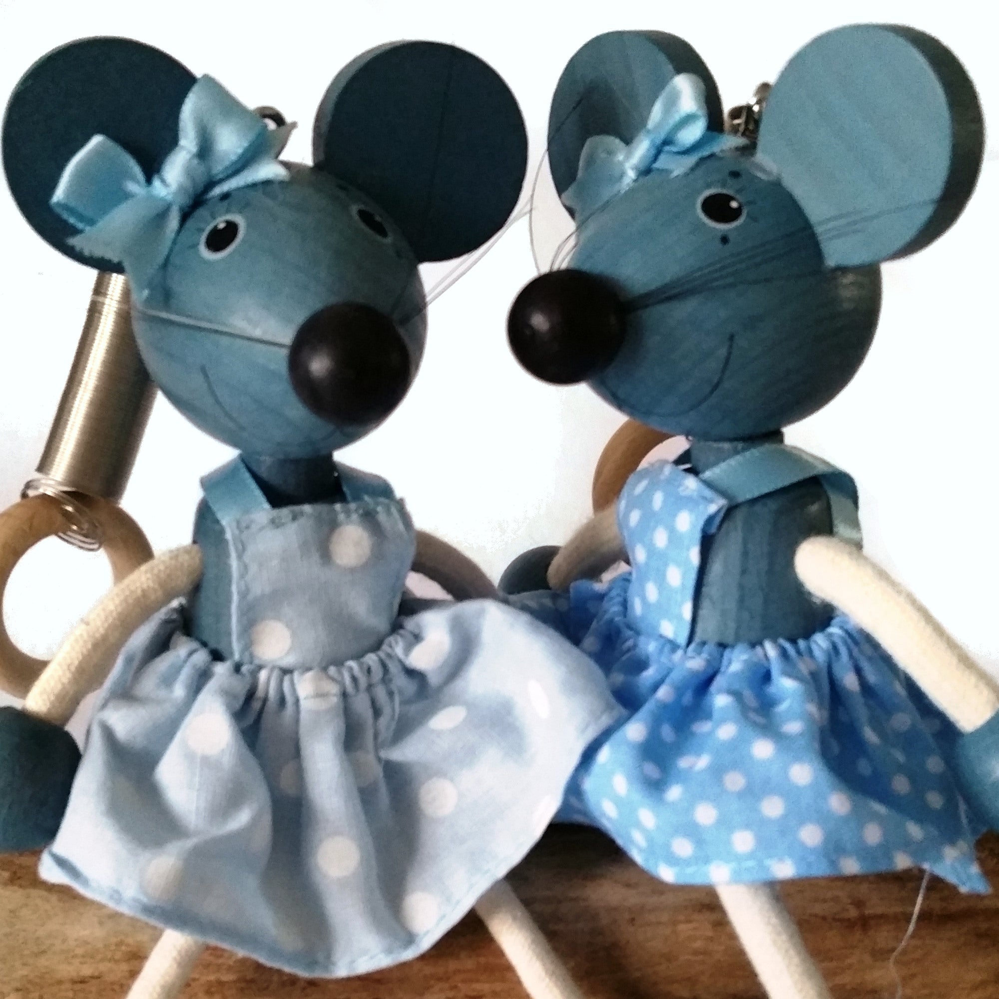Handcrafted Mouse Girl  Blue Wooden Bouncy Puppet 🐭💙