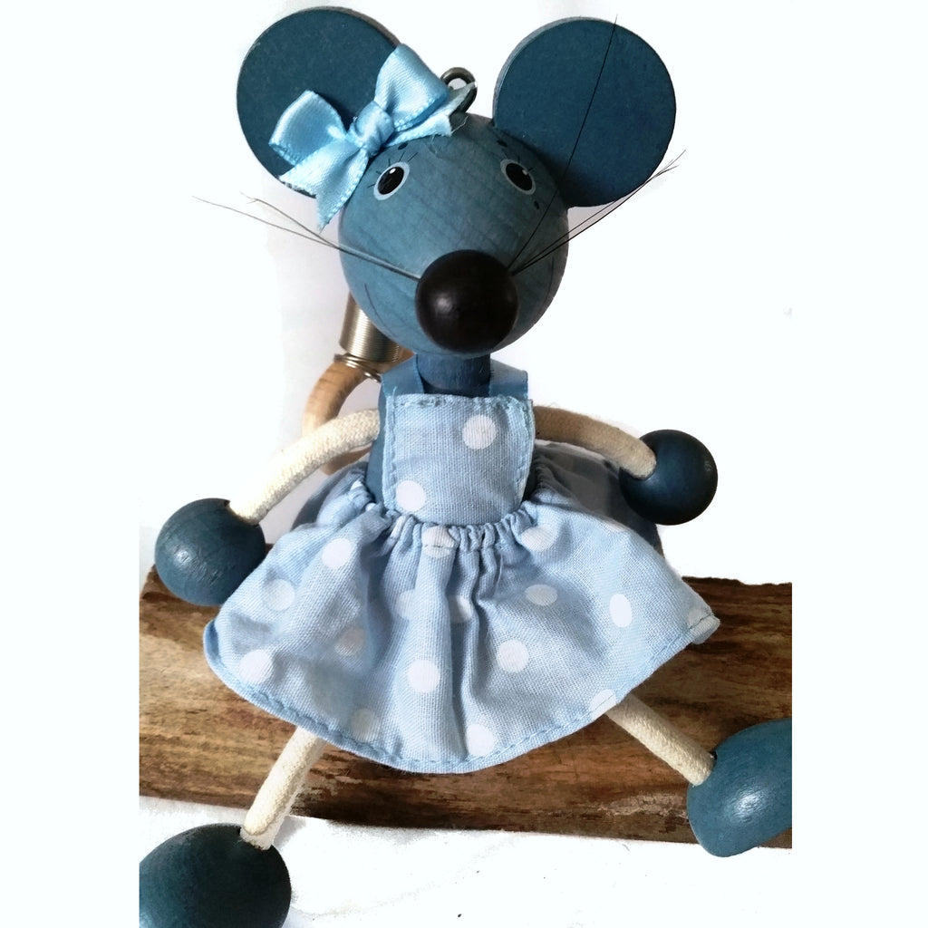 Handcrafted Mouse Girl  Blue Wooden Bouncy Puppet 🐭💙