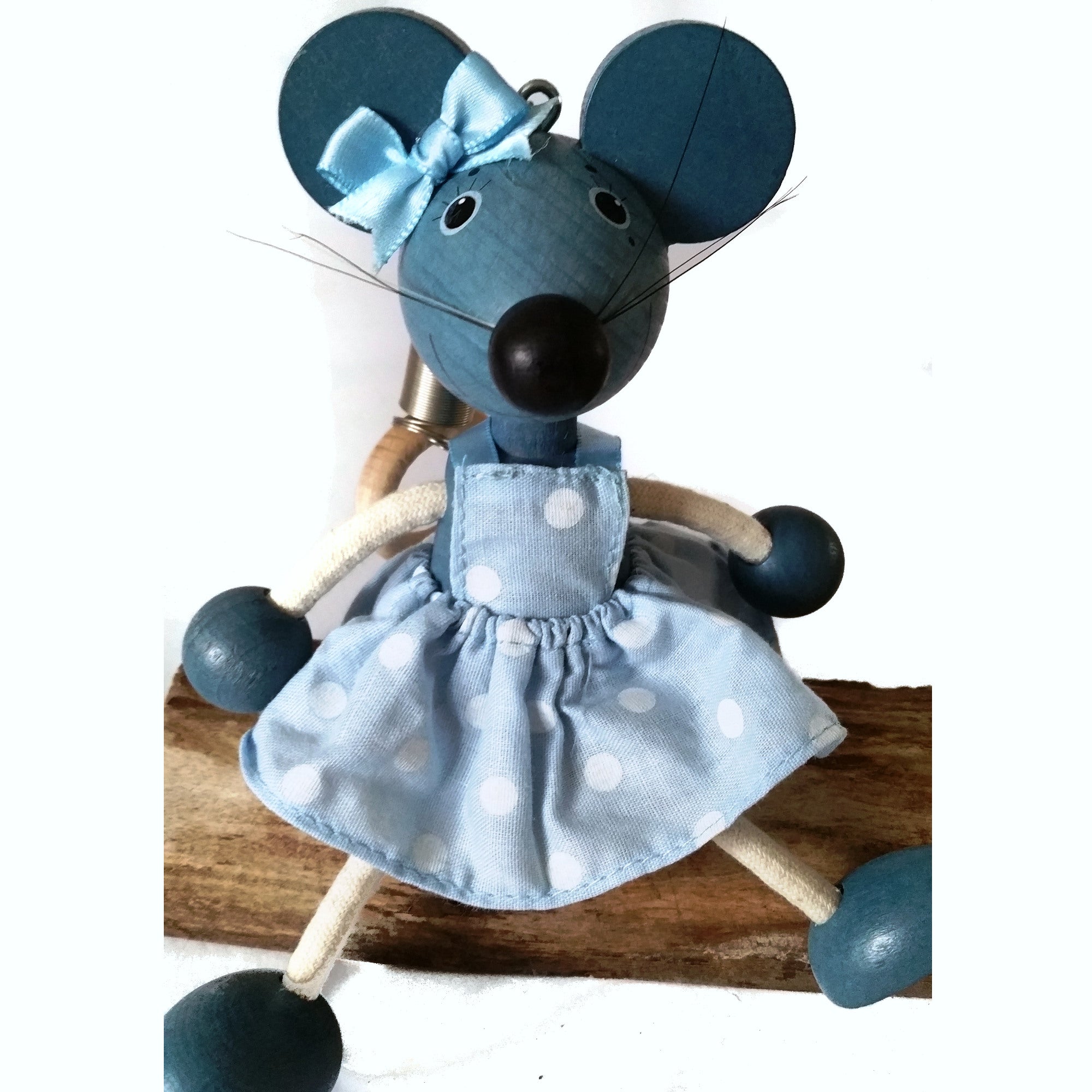 Handcrafted Mouse Girl  Blue Wooden Bouncy Puppet 🐭💙