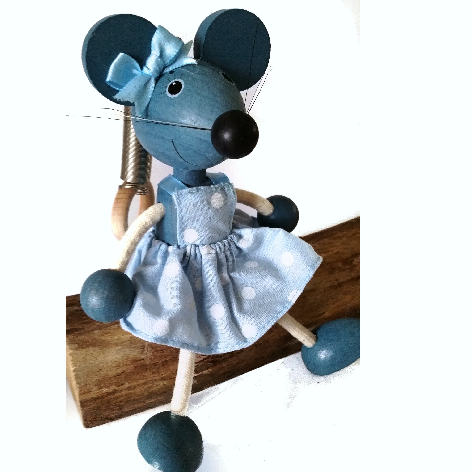 Handcrafted Mouse Girl  Blue Wooden Bouncy Puppet 🐭💙