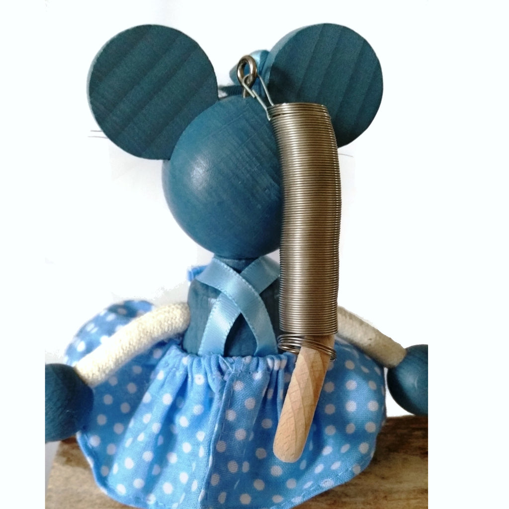 Handcrafted Mouse Girl  Blue Wooden Bouncy Puppet 🐭💙