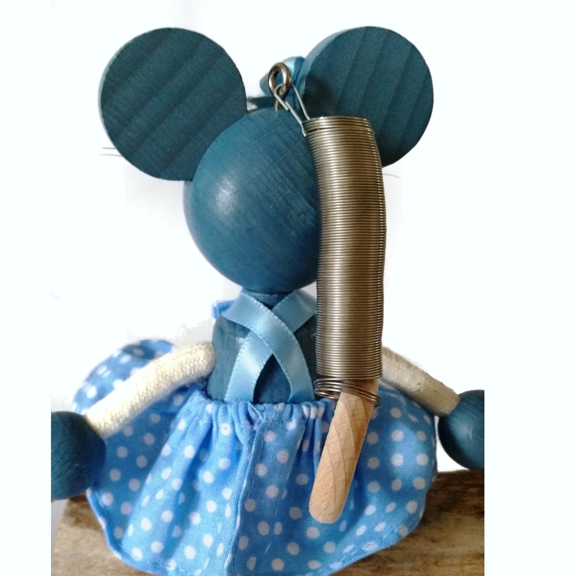 Handcrafted Mouse Girl  Blue Wooden Bouncy Puppet 🐭💙